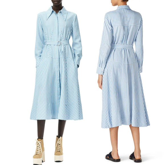 TIBI Summer-Fresh Midi Shirtdress Long Sleeve Gingham Printed Blue Size 4 - Picture 2 of 13